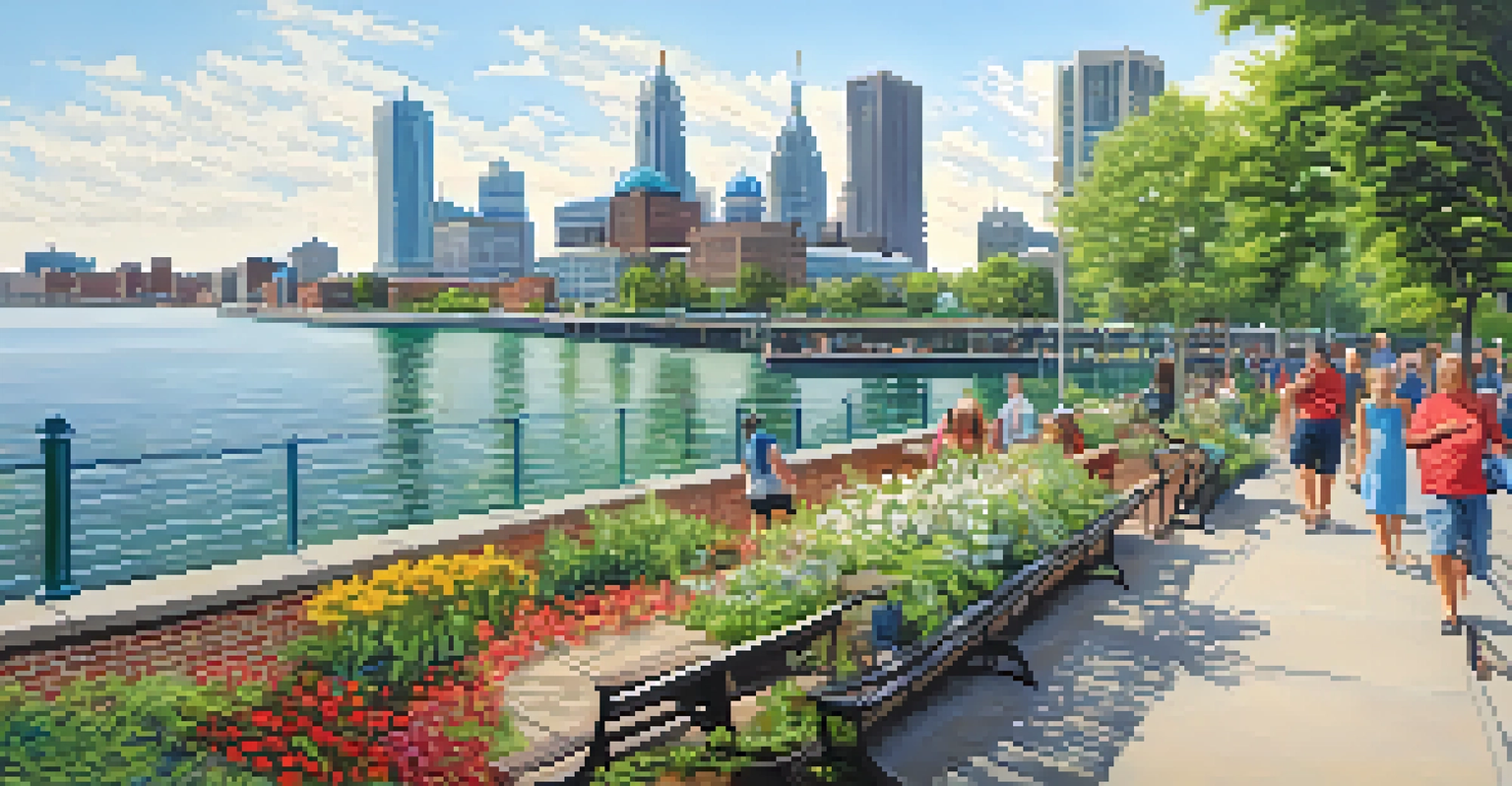 A scenic view of the Detroit Riverwalk filled with people enjoying the waterfront and city skyline in the background.