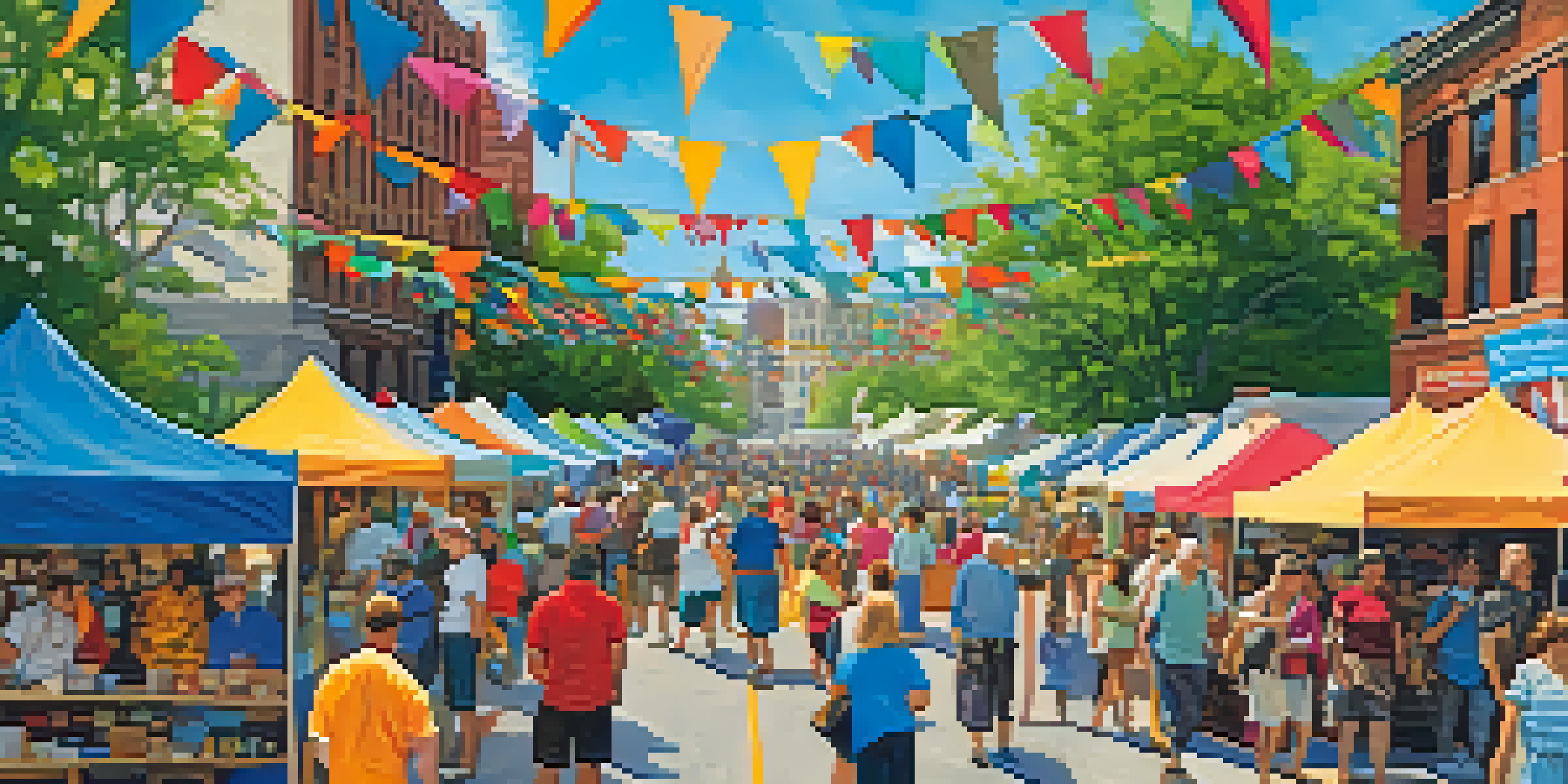 A bustling arts and crafts festival in Detroit with colorful booths, local artists, and families enjoying the day under a clear blue sky.