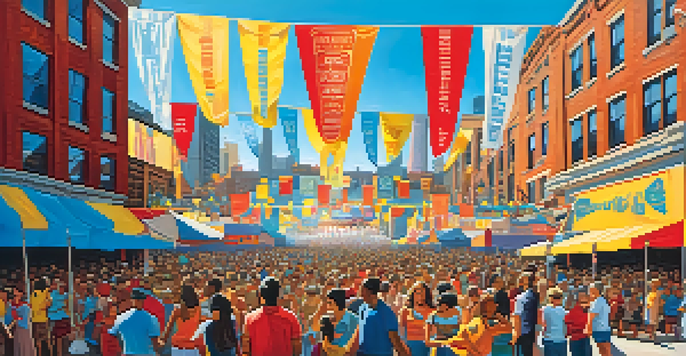 A colorful music festival in Detroit with diverse musicians and enthusiastic crowds, set against iconic city architecture.