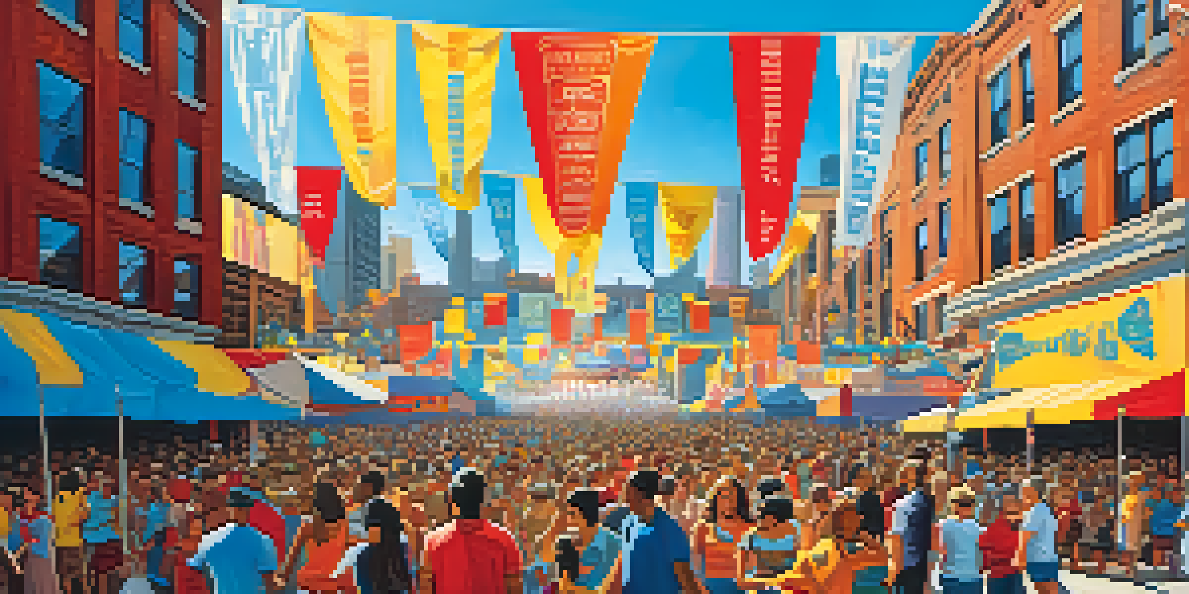 A colorful music festival in Detroit with diverse musicians and enthusiastic crowds, set against iconic city architecture.