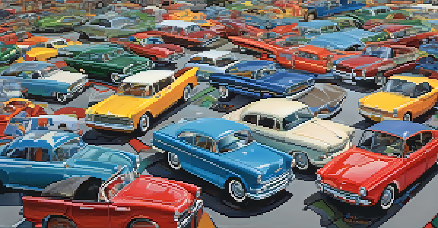 An artistic depiction of a globe surrounded by various cars and automotive parts, illustrating the global trade connections of Detroit's automotive industry.