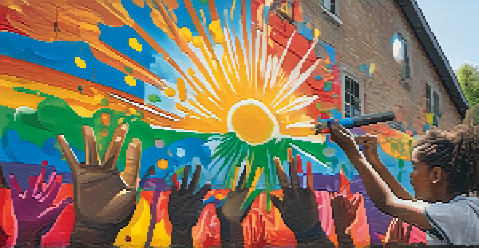 A close-up of a young activist painting a mural on a city wall, with bright colors and inspiring messages.