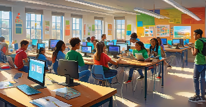 A bright classroom where diverse students work together on a coding project with modern technology and natural light.