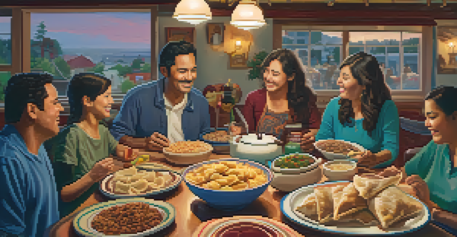 A family gathering around a table filled with traditional immigrant dishes, sharing stories and laughter in a cozy atmosphere.