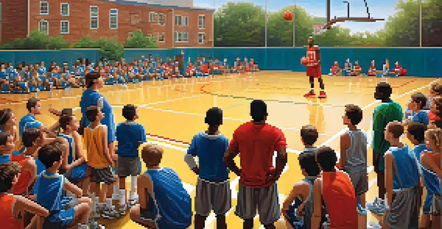 A mentor speaking to young athletes on a basketball court, sharing life lessons and inspiring them.
