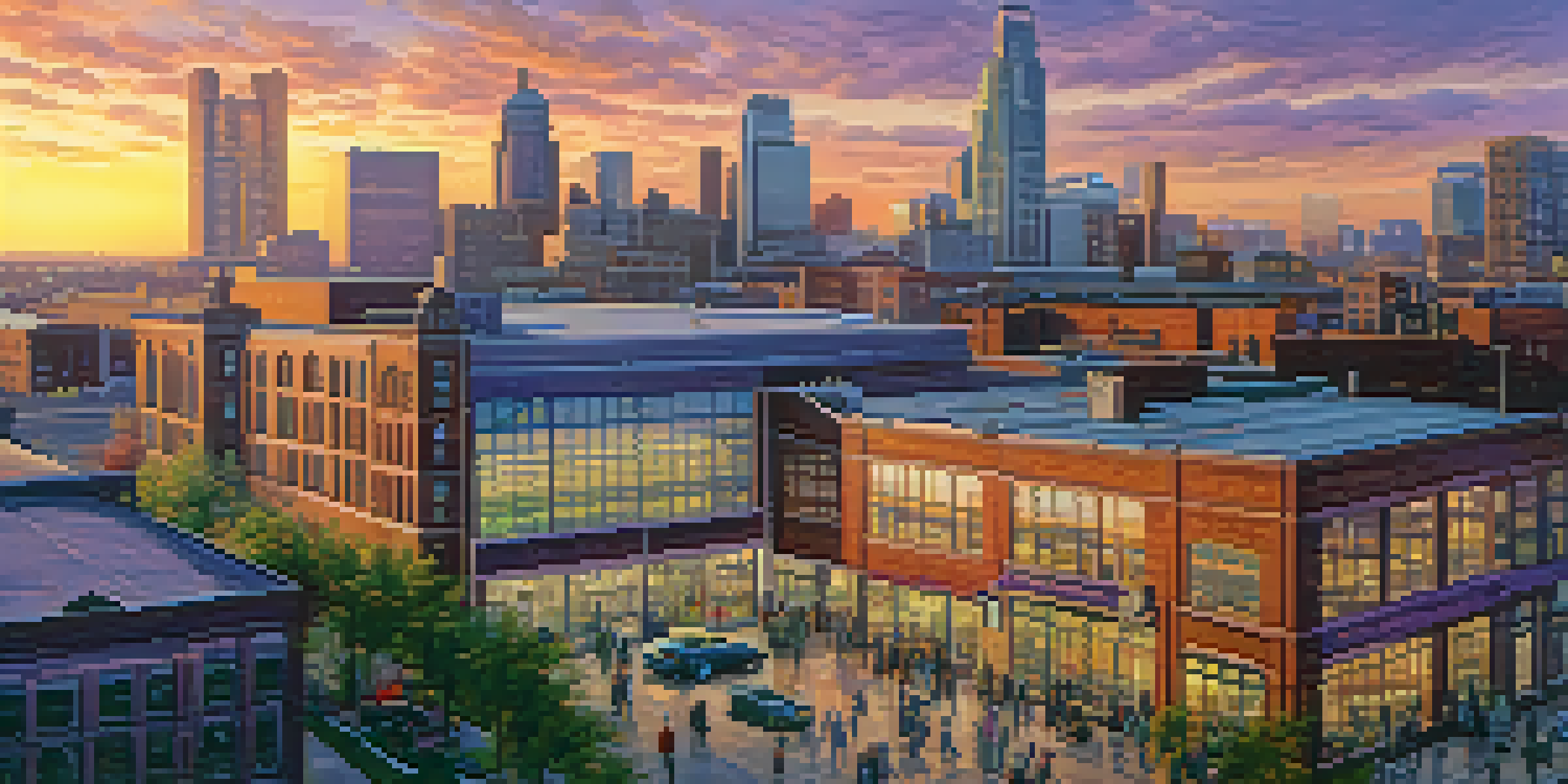 A colorful sunset view of Detroit's skyline with modern tech buildings and traditional automotive factories, featuring a co-working space bustling with entrepreneurs.