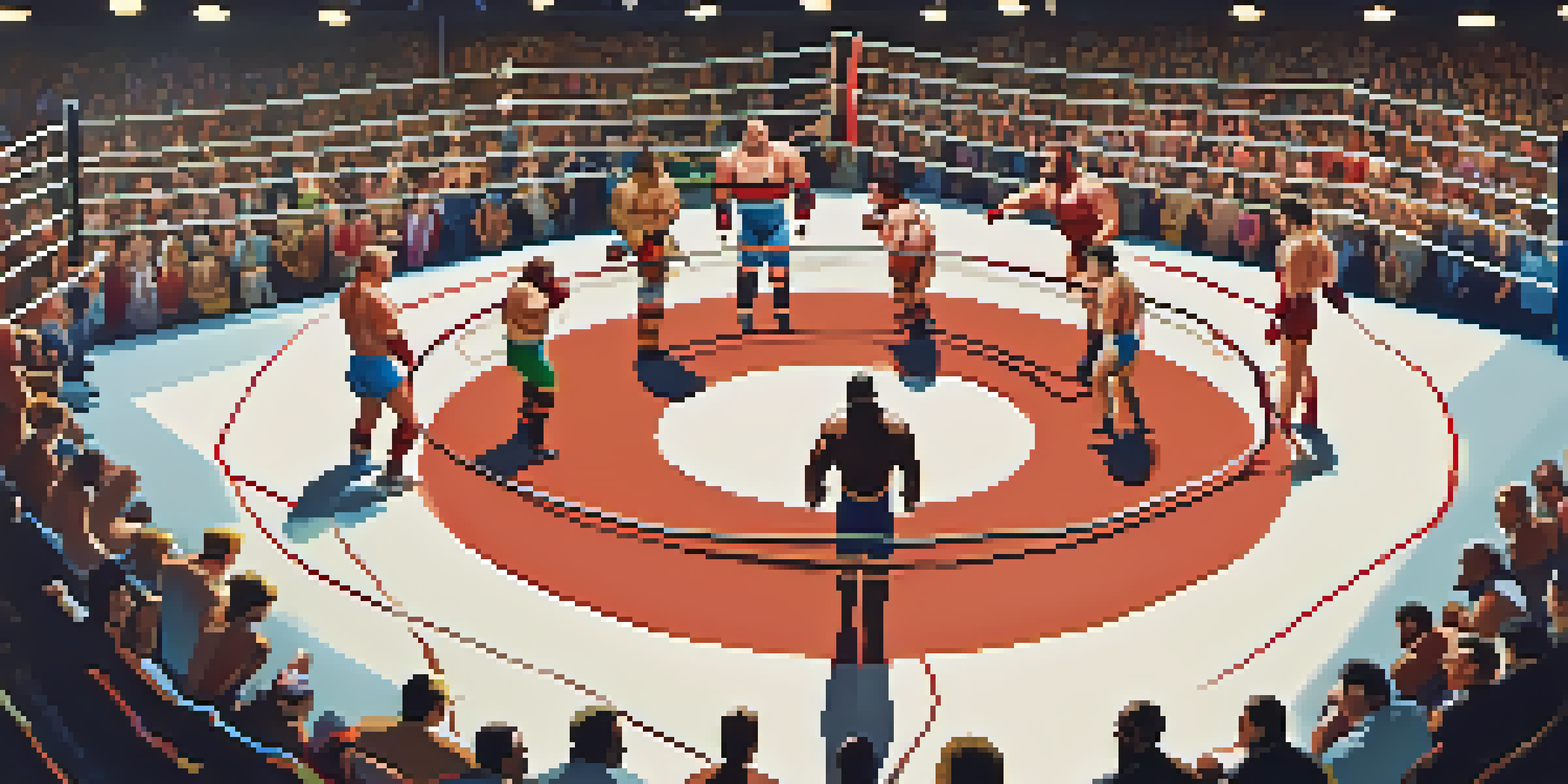 An energetic wrestling match in a historic Detroit venue, featuring diverse wrestlers and a lively crowd.