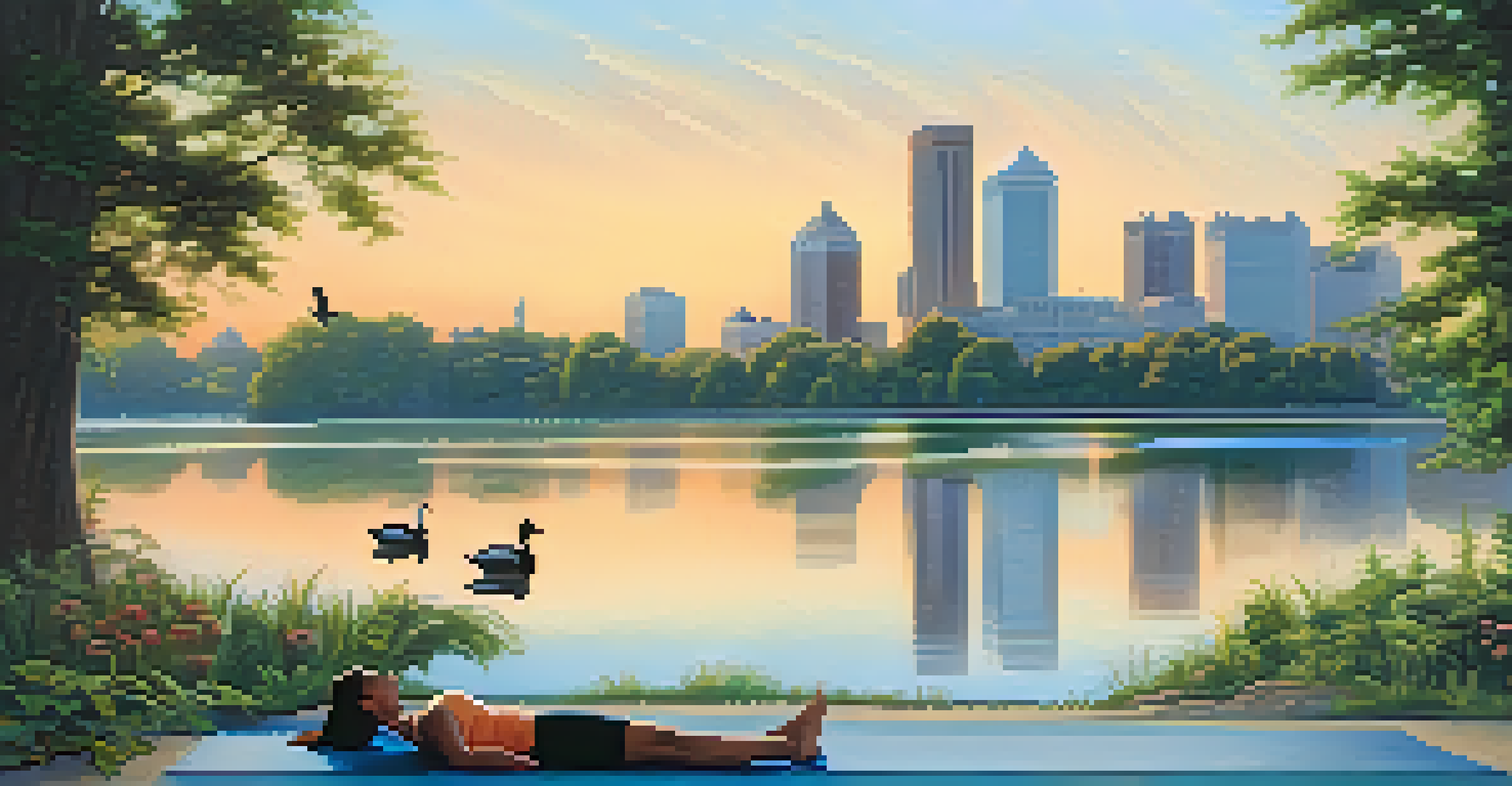 A person practicing yoga on a mat by a calm lake at Belle Isle Park during sunrise, with ducks and the Detroit skyline in the background.