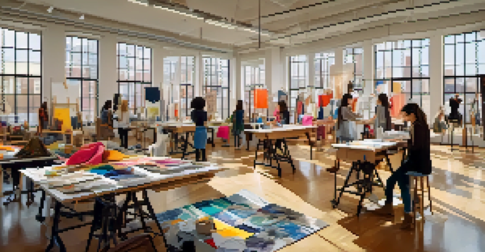 Students working in a colorful fashion design studio, surrounded by fabrics and sewing machines, with natural light streaming in.