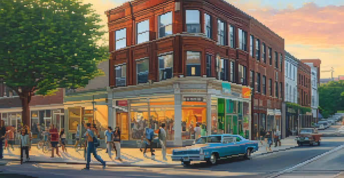 A lively Detroit street scene with a blend of historic and modern buildings, colorful murals, and people enjoying the community atmosphere during sunset.