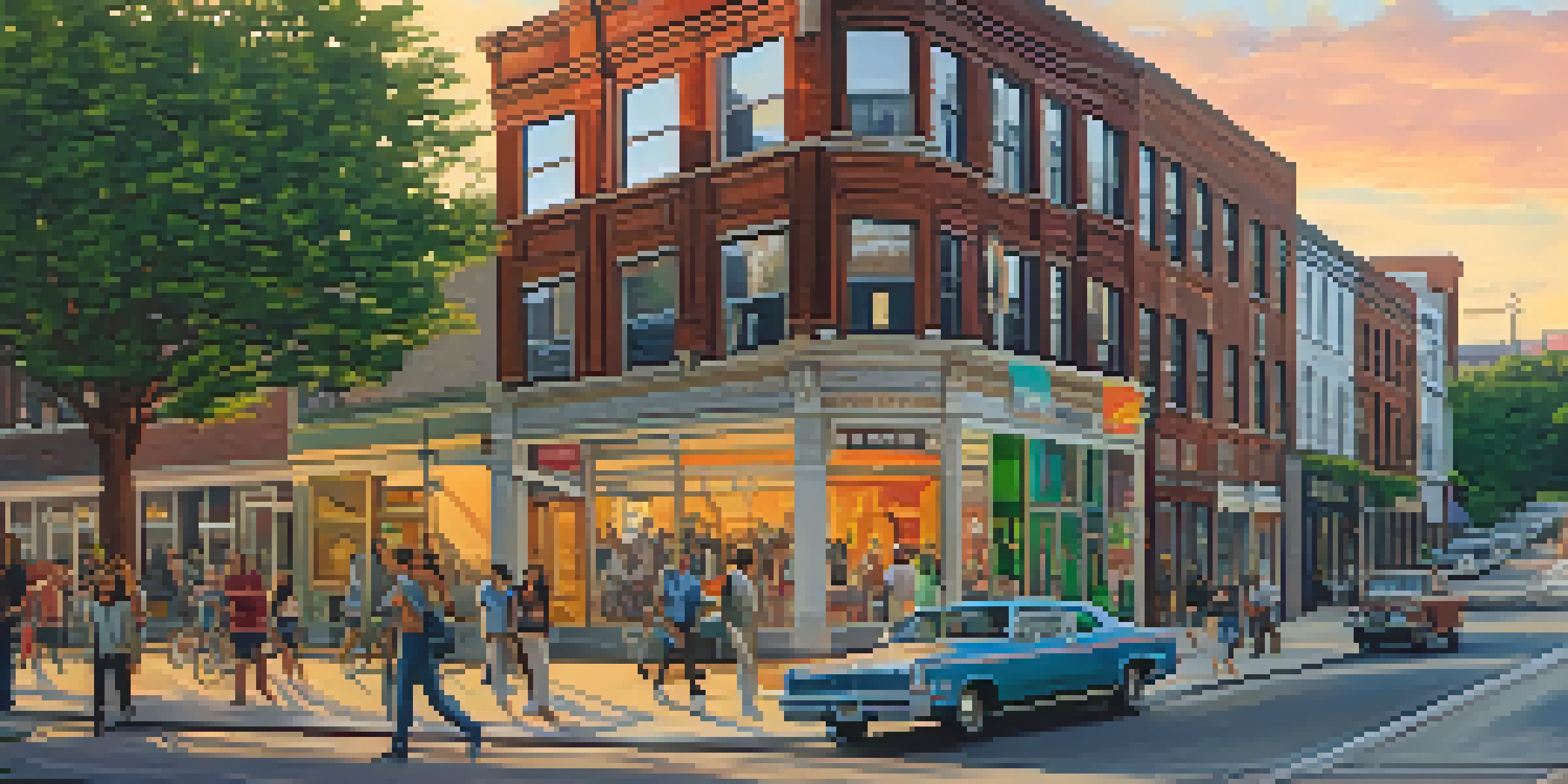 A lively Detroit street scene with a blend of historic and modern buildings, colorful murals, and people enjoying the community atmosphere during sunset.
