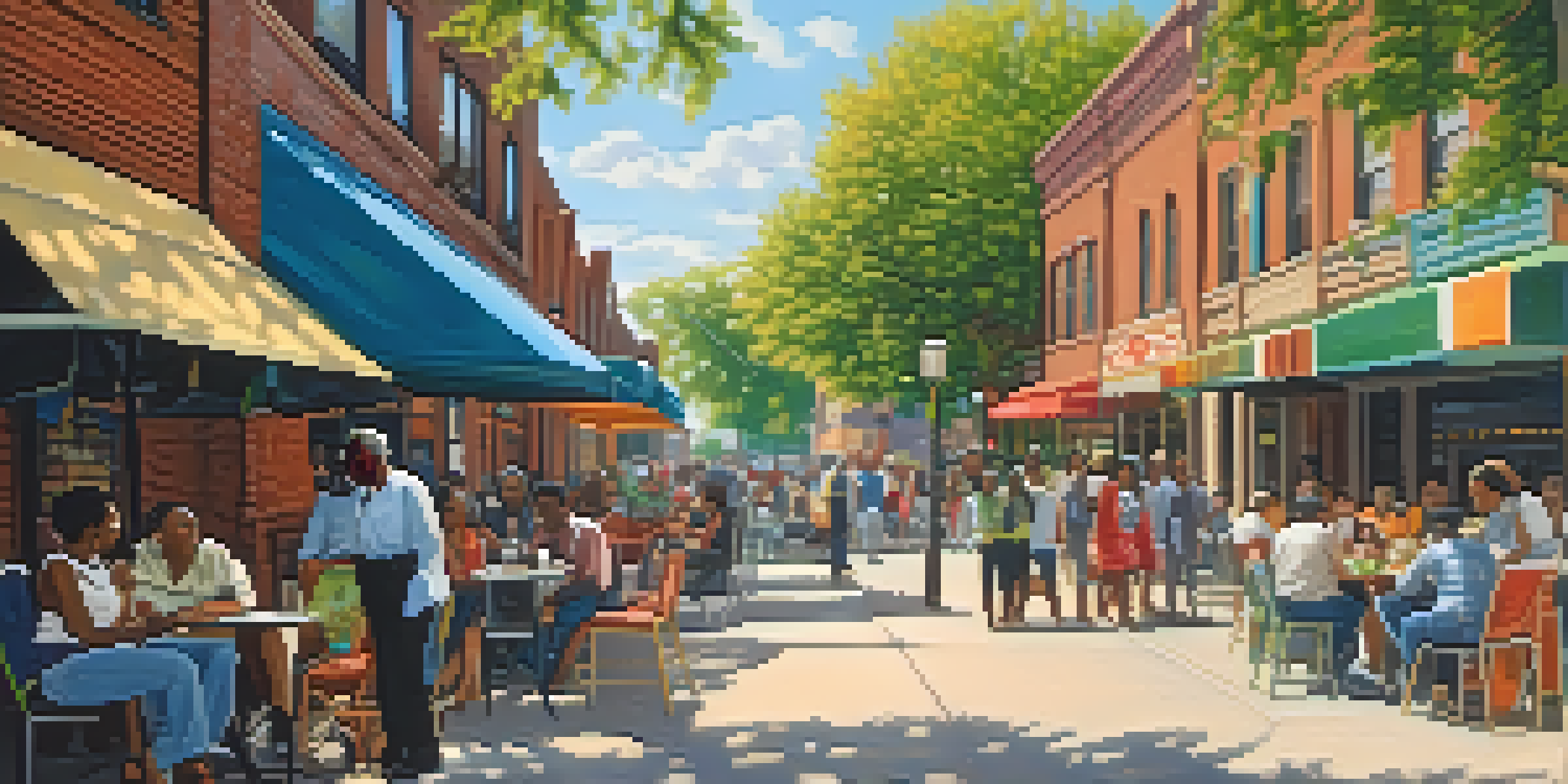 A colorful street scene in Detroit with diverse people, murals, and cafes under bright sunlight.