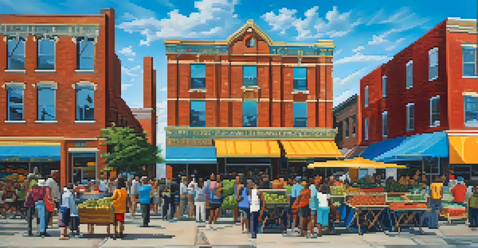 A restored historic building in Detroit, decorated with street art, alongside an outdoor market with locals enjoying crafts and fresh produce.