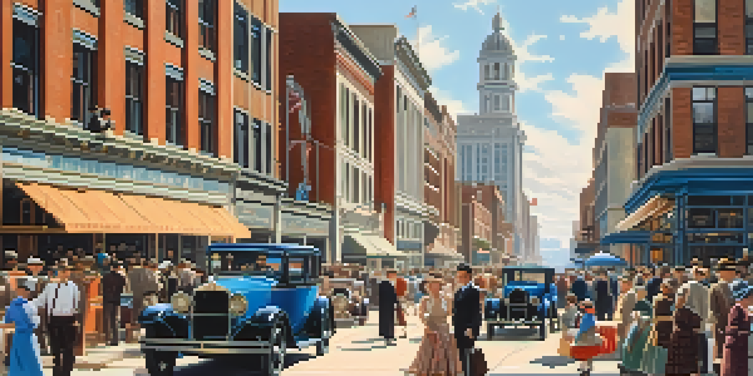 A lively street scene in downtown Detroit from the early 20th century, filled with people and vintage cars under a bright blue sky.