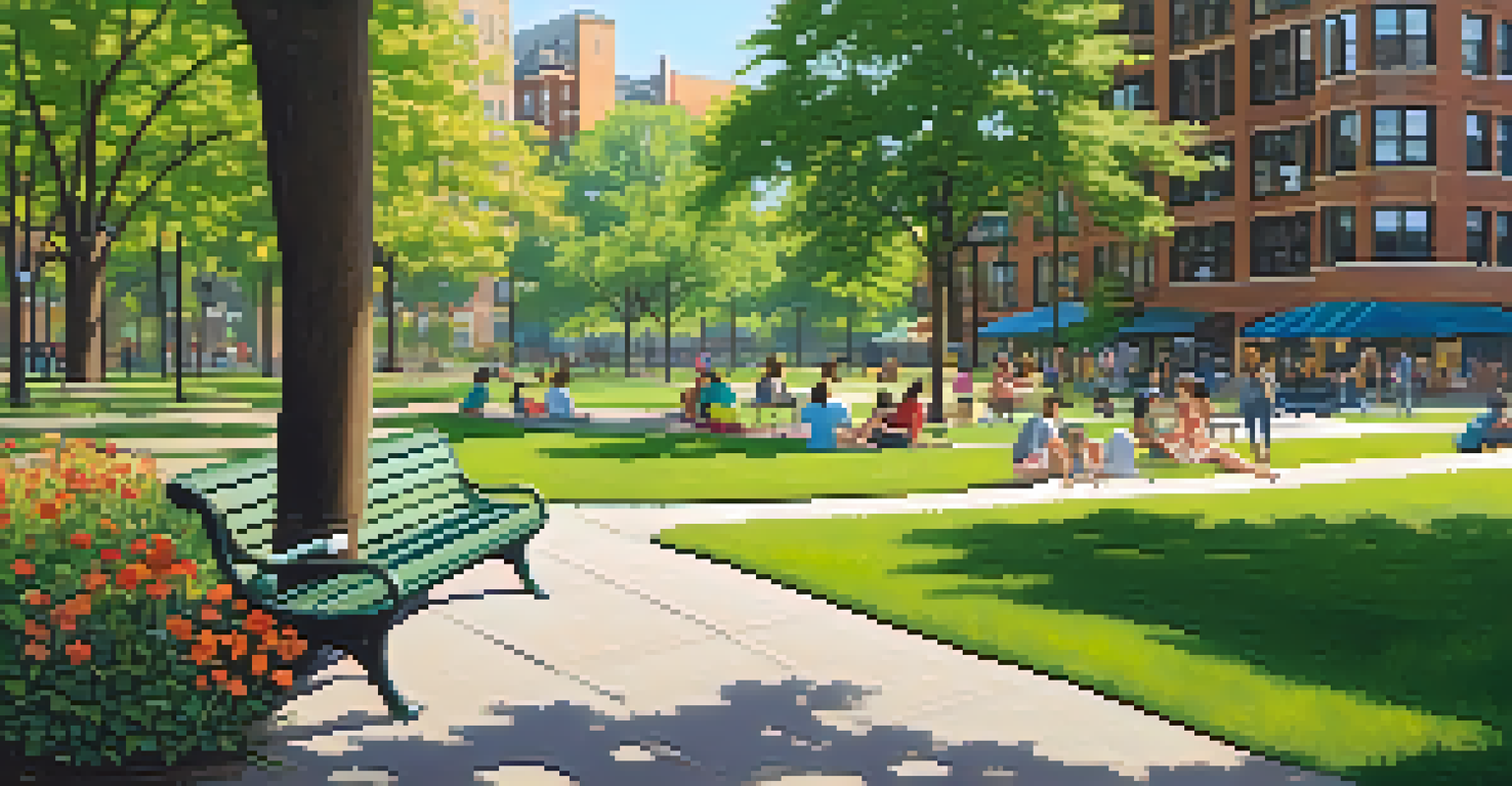 A peaceful park in Detroit with green spaces, families enjoying leisure activities, and residential buildings in the background under warm afternoon light.