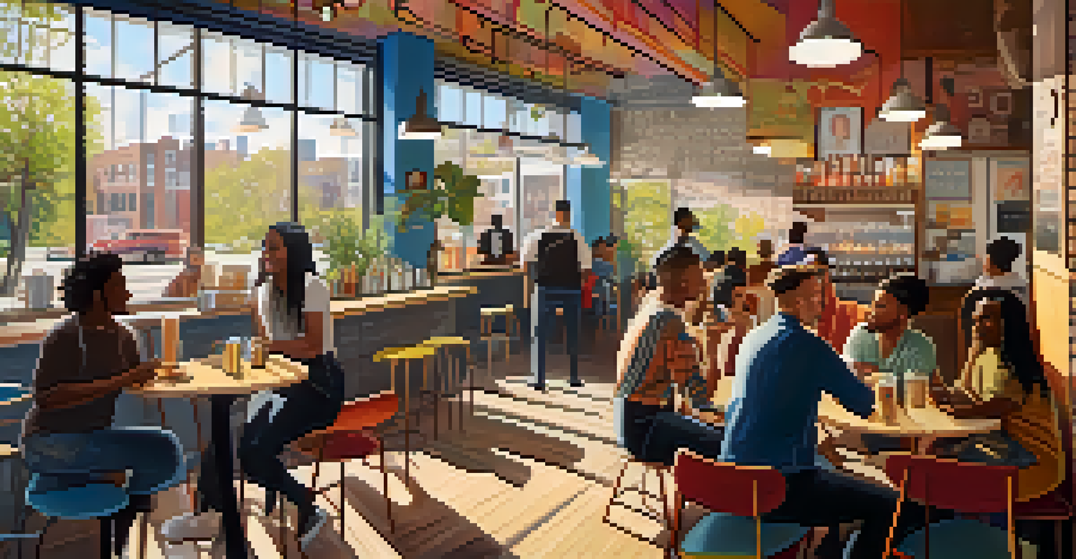 A lively LGBTQ+-owned café in Detroit, filled with customers enjoying drinks and interacting with the staff.