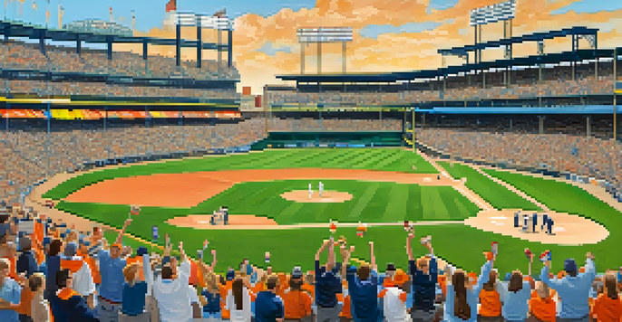 A lively crowd at a Detroit Tigers baseball game, showing fans of all ages celebrating in a sunny stadium.