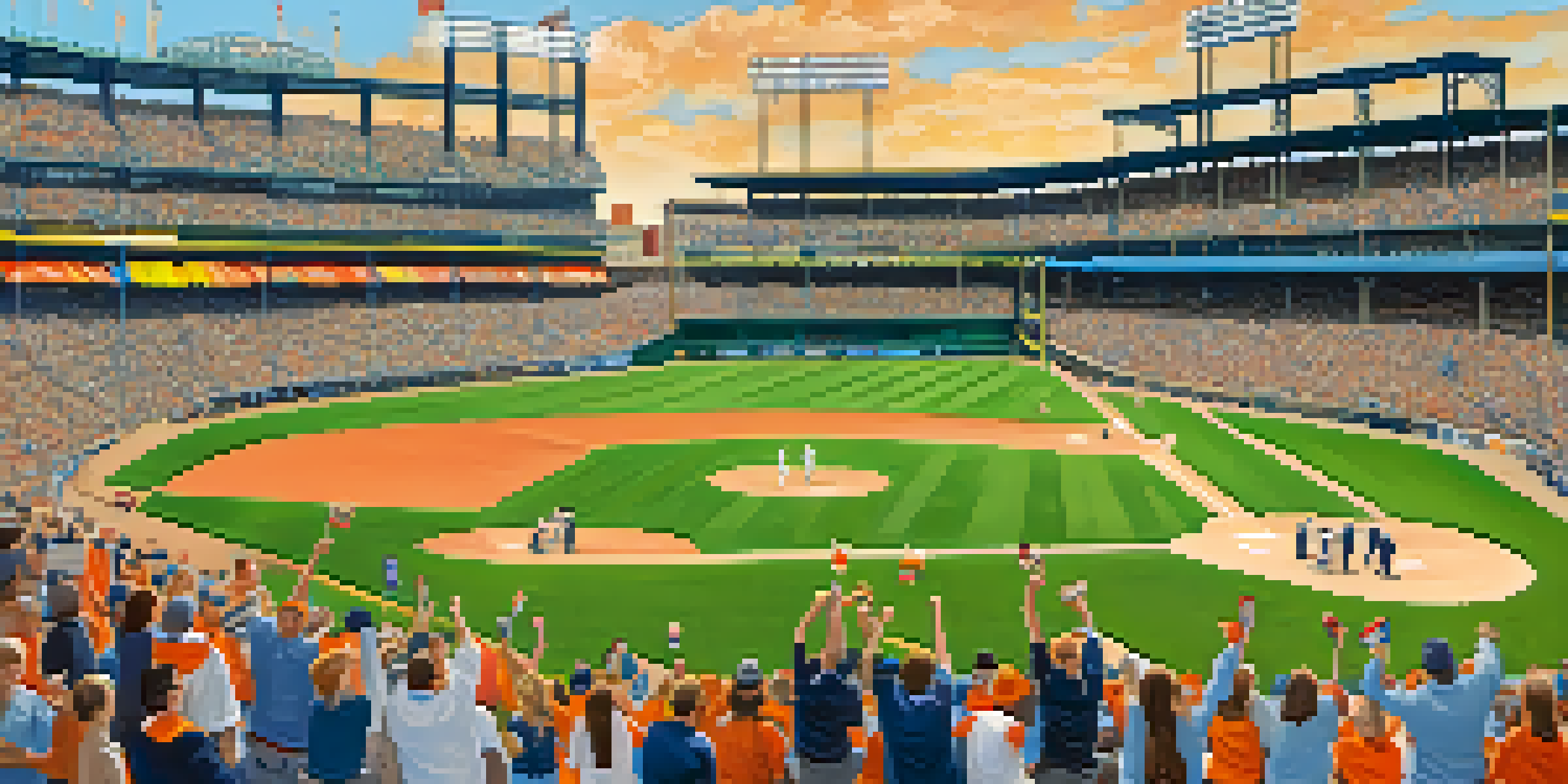 A lively crowd at a Detroit Tigers baseball game, showing fans of all ages celebrating in a sunny stadium.
