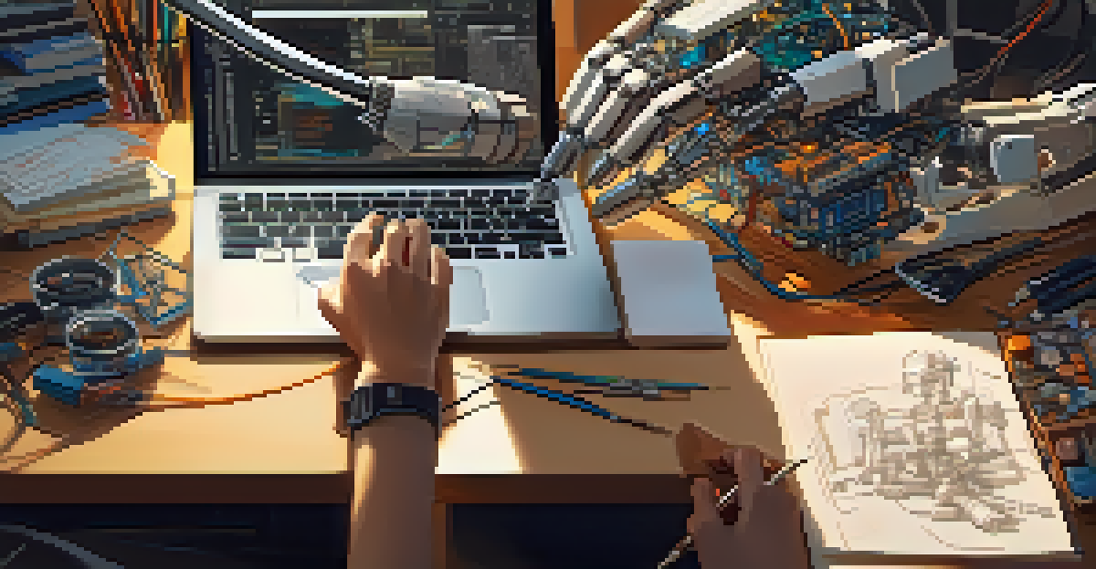 A close-up of a student's hands programming a robot on a laptop, surrounded by STEM tools and materials on a desk.