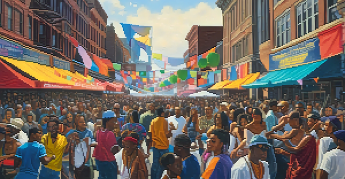 A lively street scene at a Detroit music festival with a diverse crowd enjoying live music and colorful decorations.