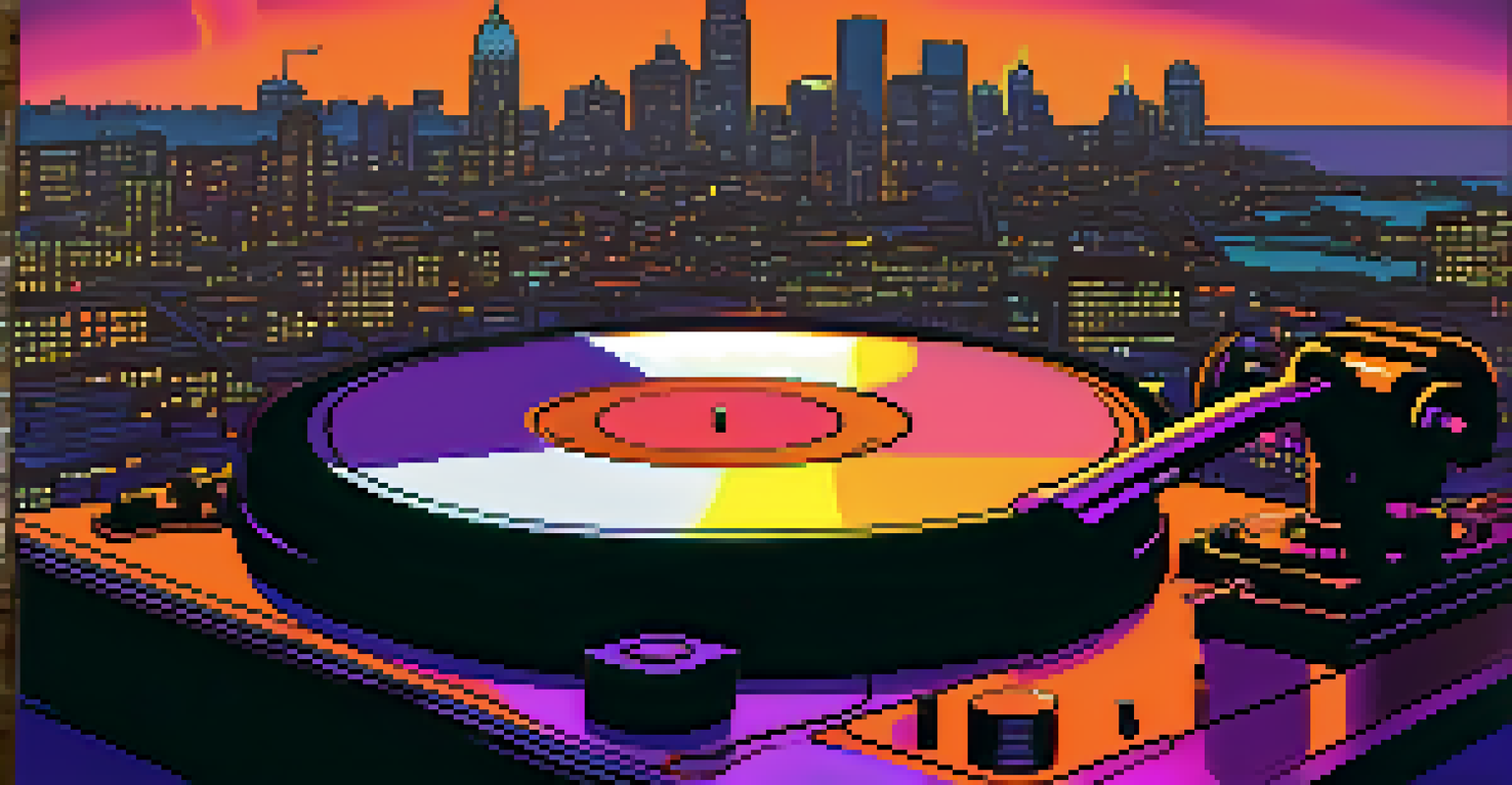 A spinning vinyl record on a turntable with the Detroit skyline at sunset in the background, highlighting urban music culture.