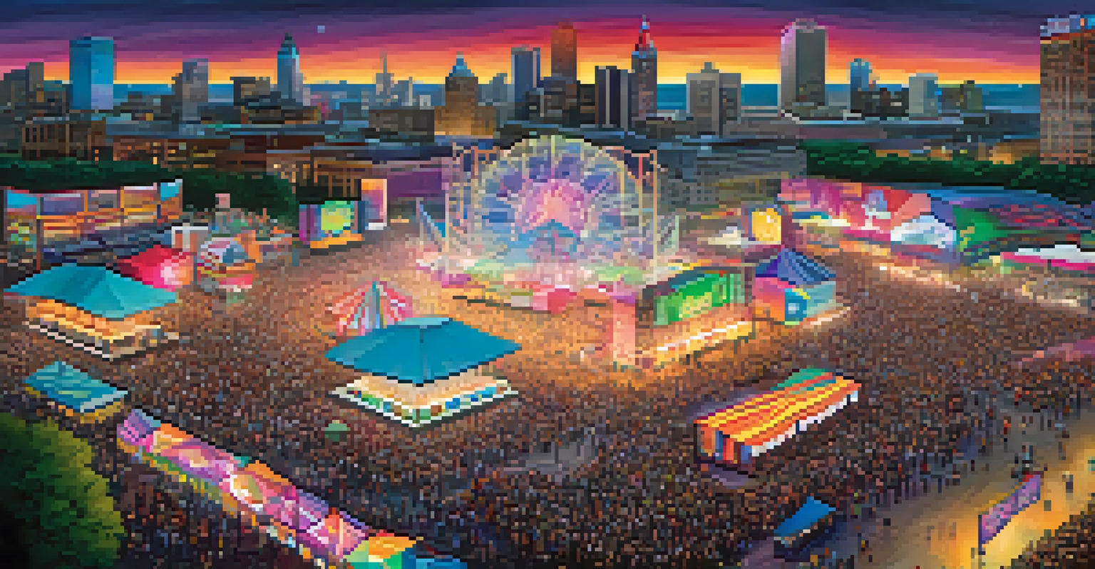 An aerial view of a vibrant electronic music festival with stages, crowds, and the Detroit skyline in the background.