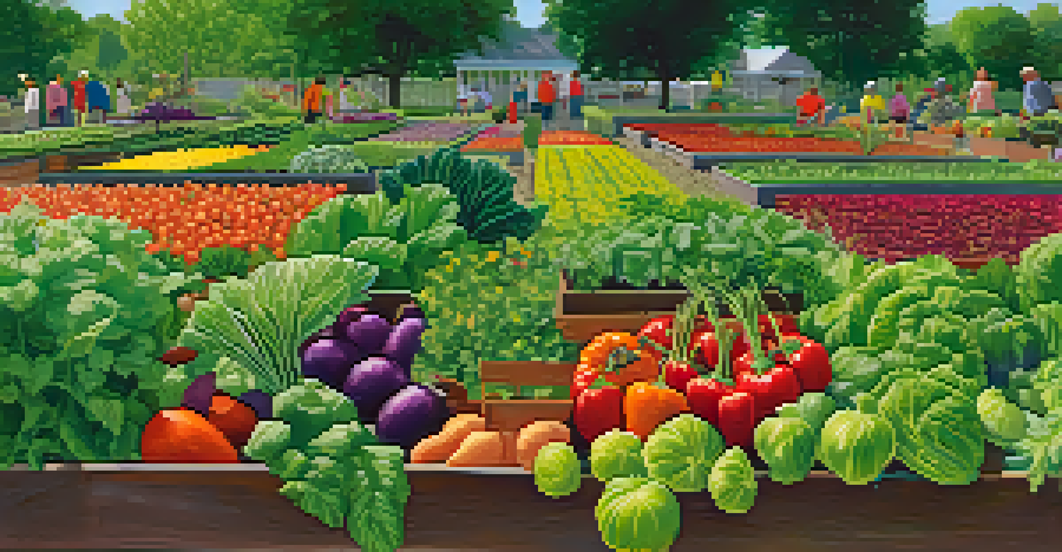 A vibrant community garden in Detroit with diverse vegetables and flowers, showcasing gardeners working together in a collaborative environment.
