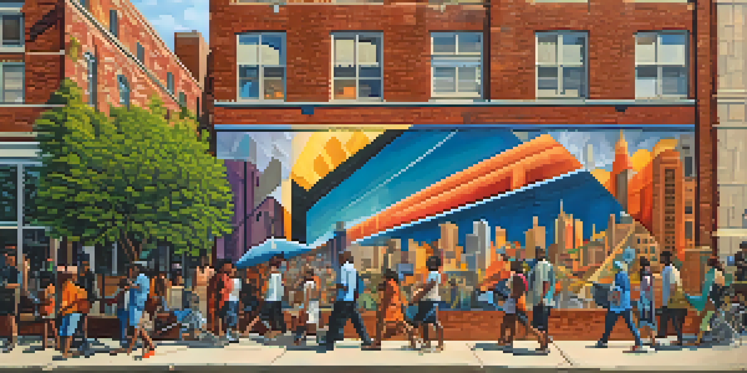 A lively urban scene in Detroit with a colorful mural on a brick wall, people walking by, and greenery, all under warm afternoon sunlight.