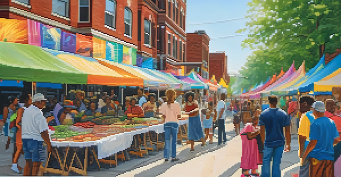 A lively community event in Detroit with diverse people, colorful banners, and local vendors.