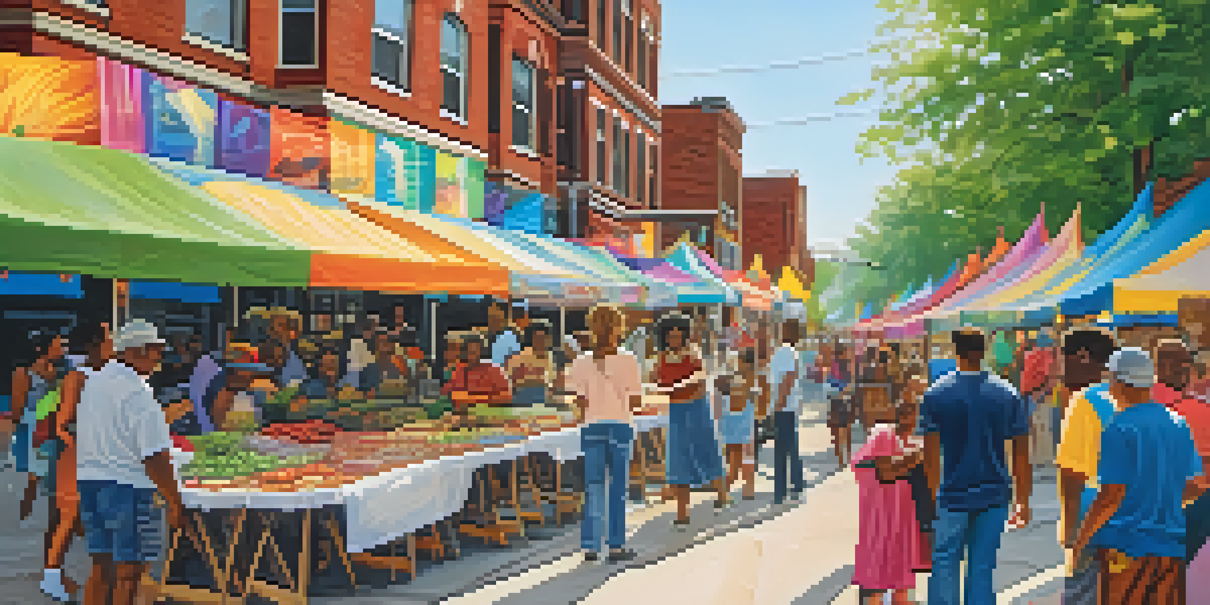 A lively community event in Detroit with diverse people, colorful banners, and local vendors.