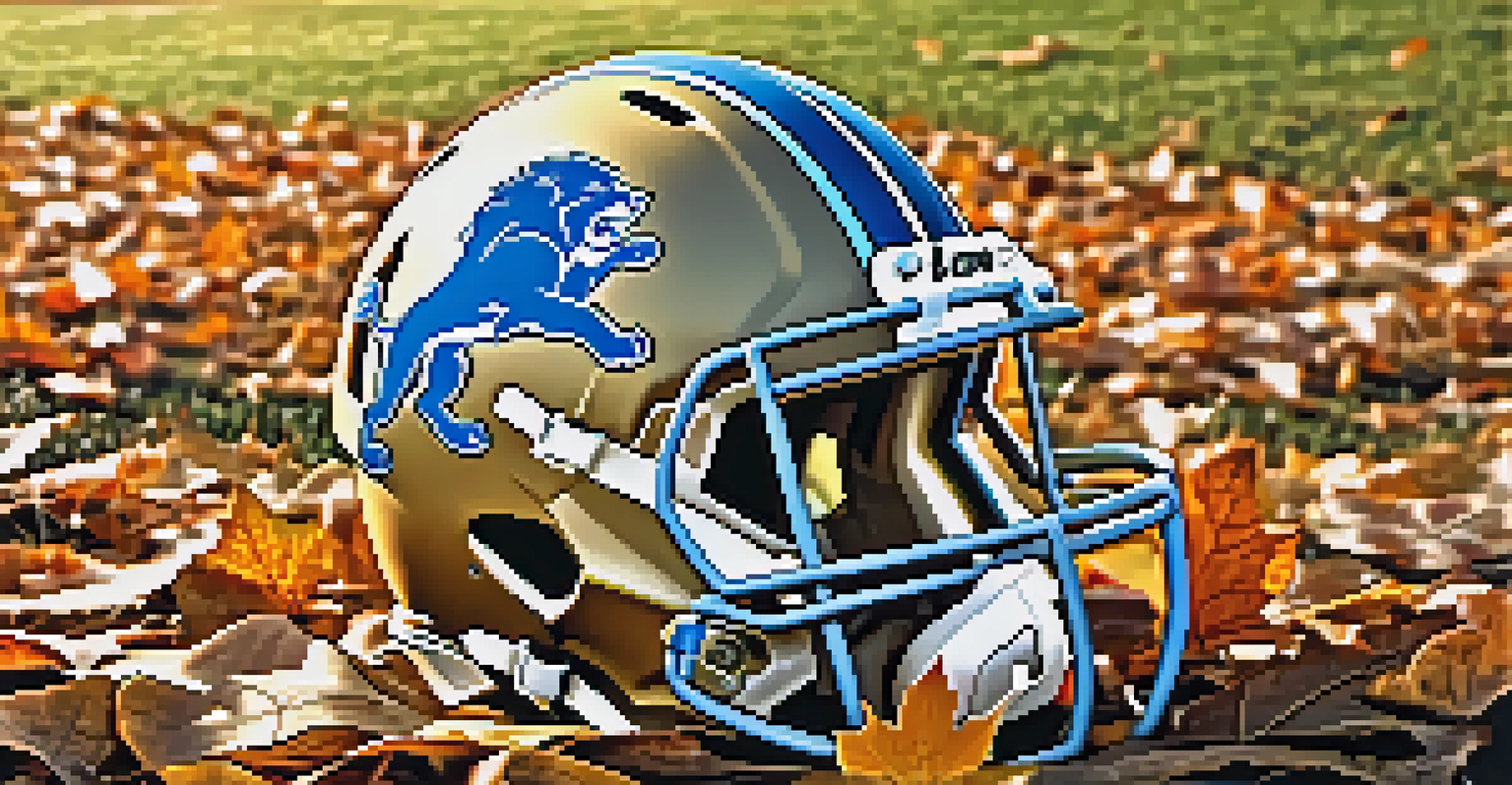 A vintage Detroit Lions helmet on a grass field, surrounded by autumn leaves, with sunlight filtering through trees.
