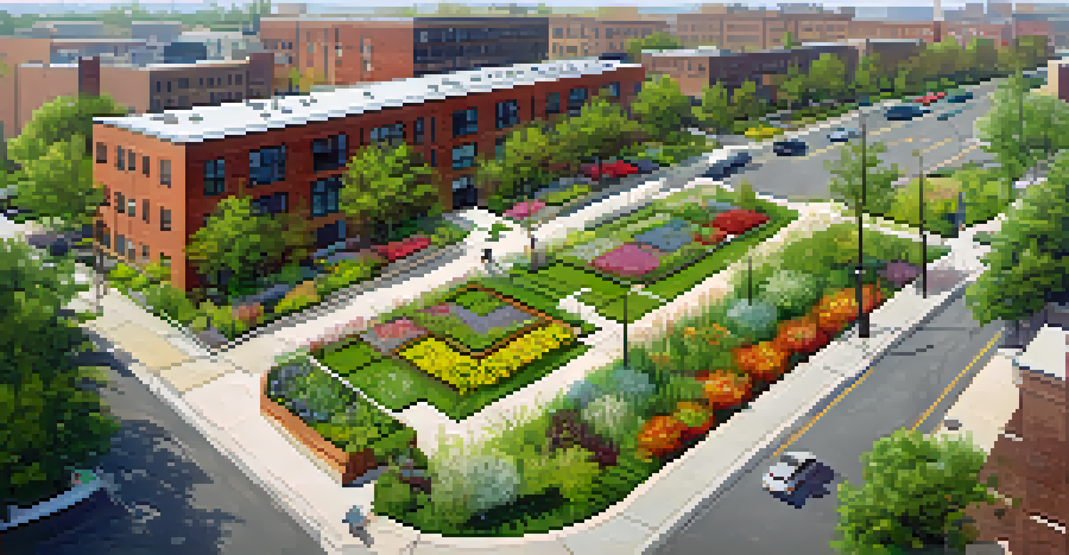 Aerial view of a sustainable urban landscape in Detroit with rain gardens.