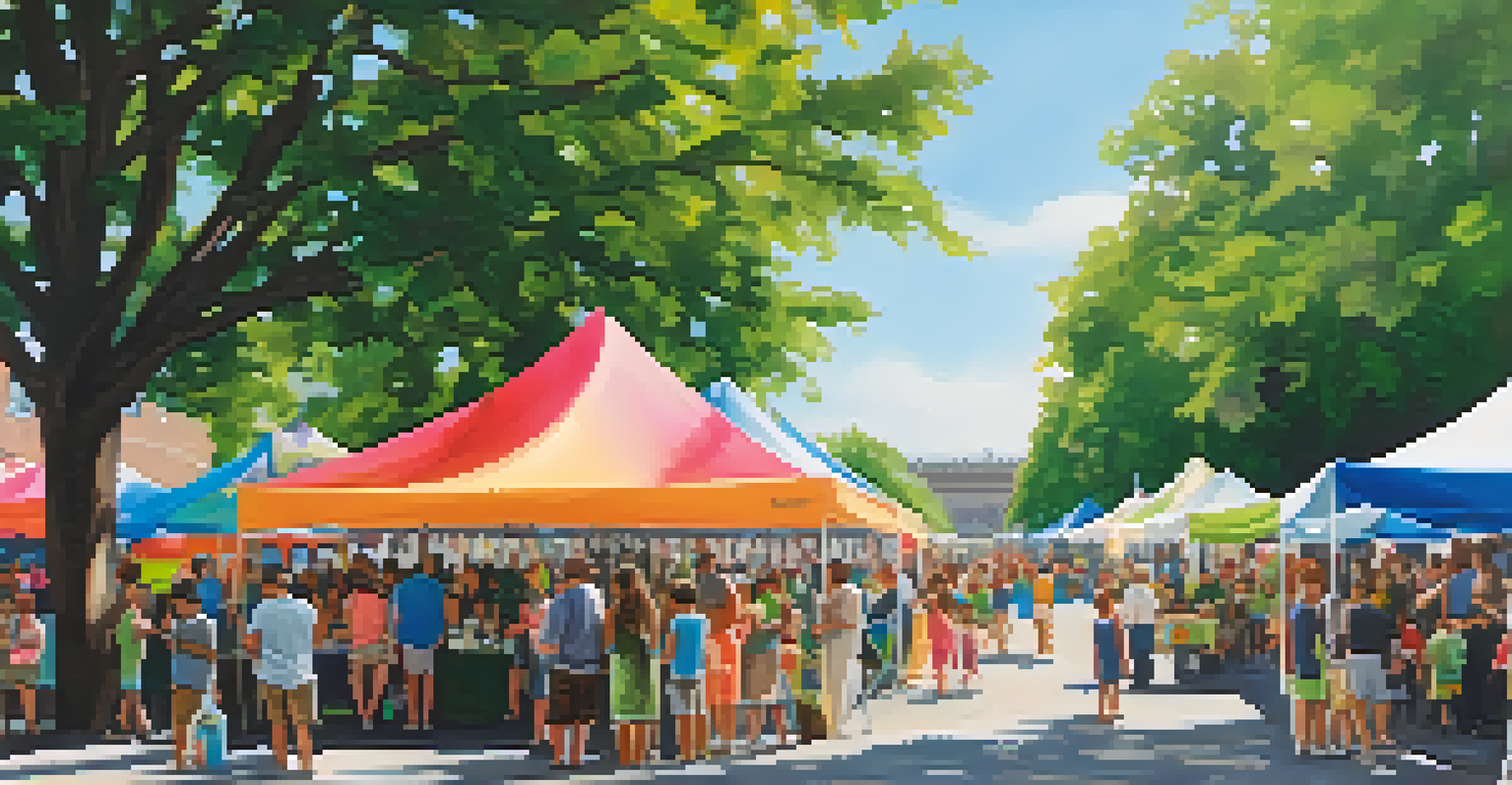 A community art event in Detroit with local artists displaying their work and families exploring under colorful tents.