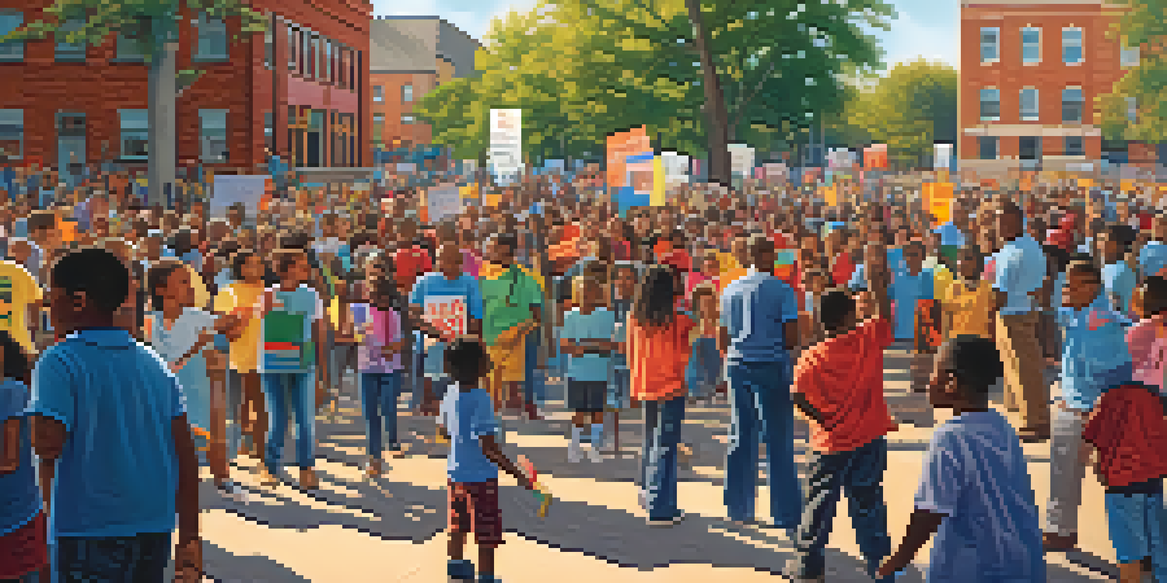 A lively community rally at a Detroit schoolyard with families holding signs for education reform, children playing, and warm sunlight illuminating the scene.