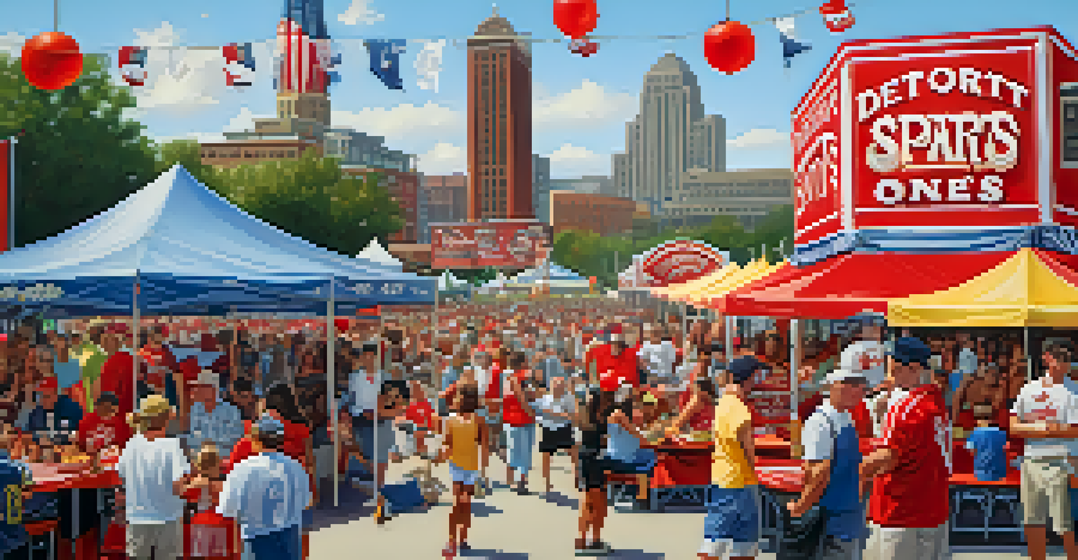 A bustling community festival in Detroit highlighting local sports culture, with families and vendors in a festive setting.