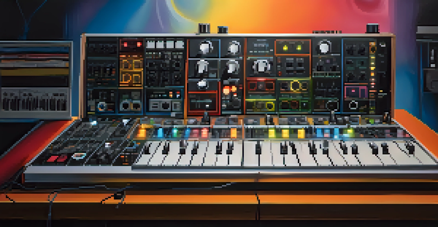 A close-up view of Roland TR-808 and TB-303 synthesizers on a DJ booth, highlighted by colorful lighting.