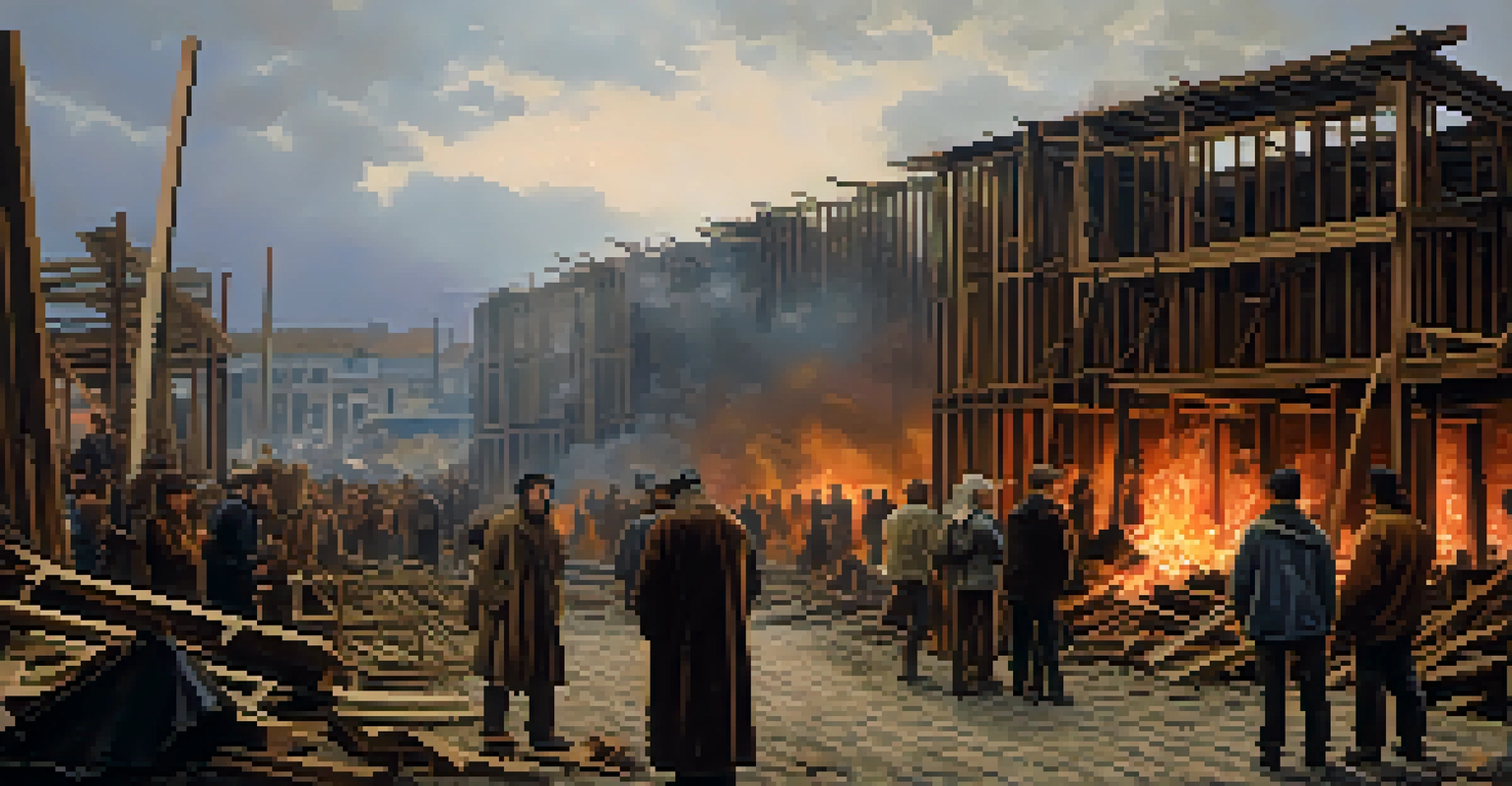 A community gathered in shelters after the Great Fire, showcasing expressions of resilience, with destroyed buildings in the background.