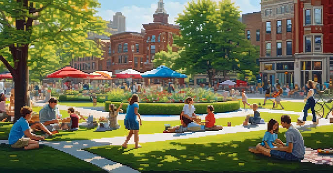 A lively urban park in Detroit filled with greenery, flowers, and people enjoying outdoor activities under the sunlight.