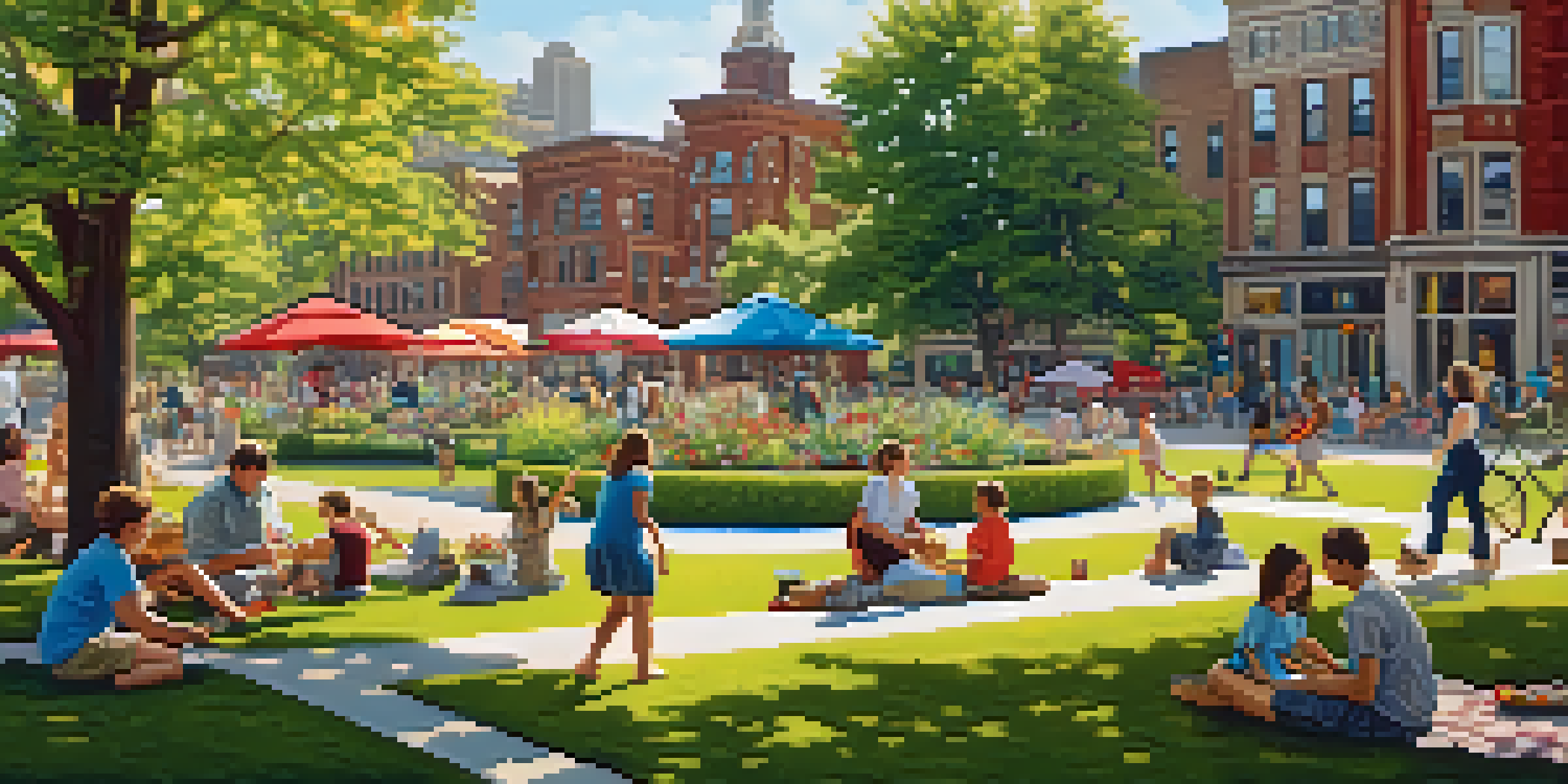 A lively urban park in Detroit filled with greenery, flowers, and people enjoying outdoor activities under the sunlight.