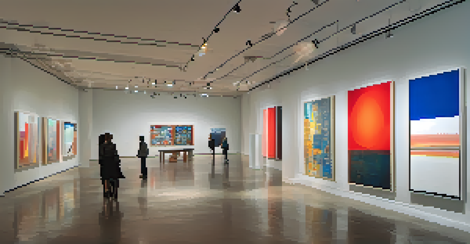 Inside a contemporary art gallery in Detroit, visitors admire traditional paintings and multimedia installations, with bright natural light illuminating the space.