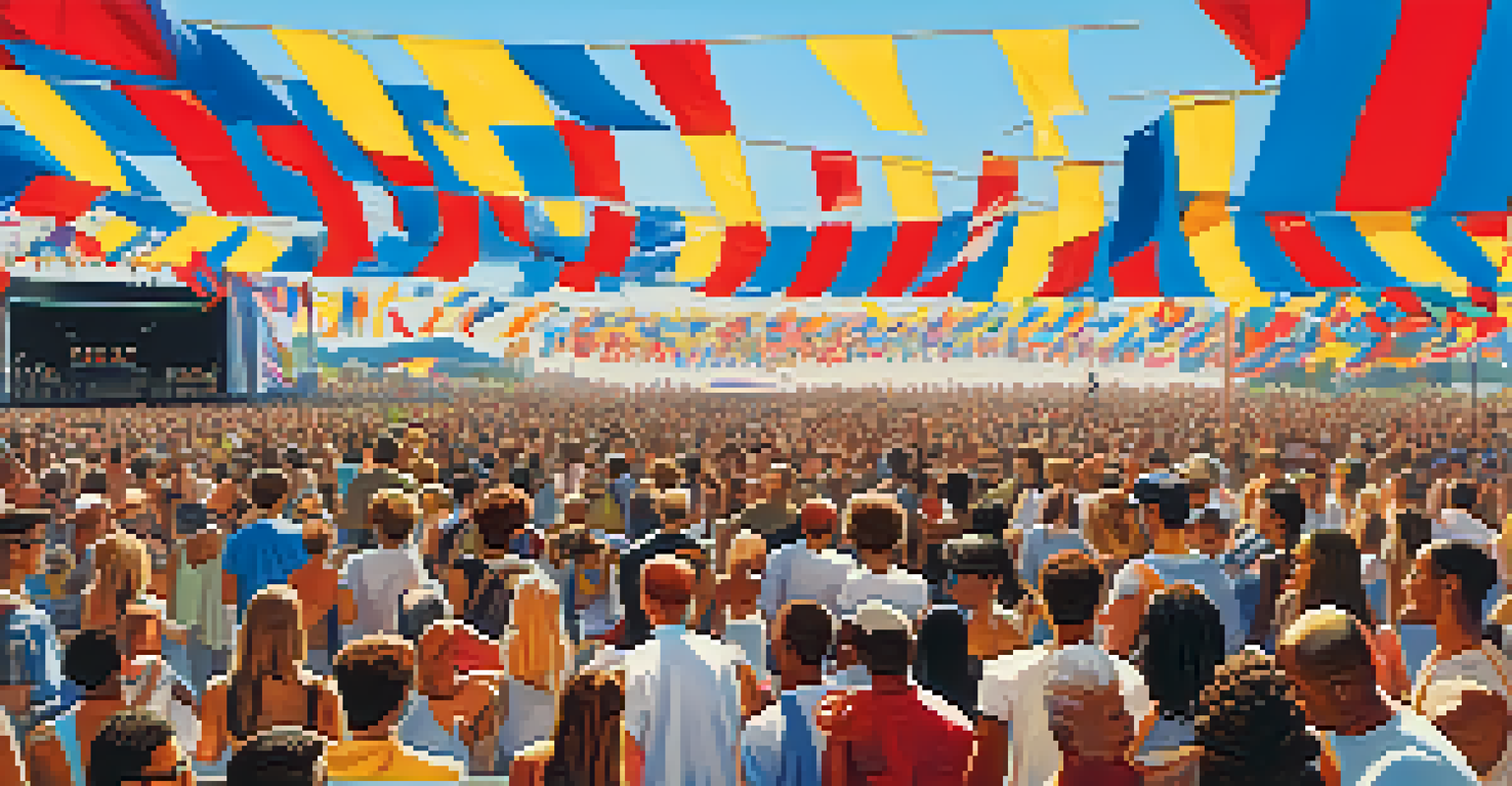 A vibrant outdoor techno music festival with a large crowd enjoying a performance, surrounded by colorful flags and banners.