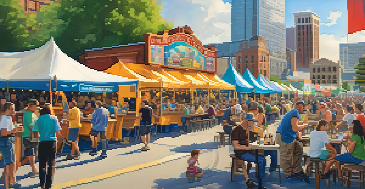 Outdoor craft beer festival in Detroit with colorful tents, food trucks, and people enjoying local brews against a historic backdrop.