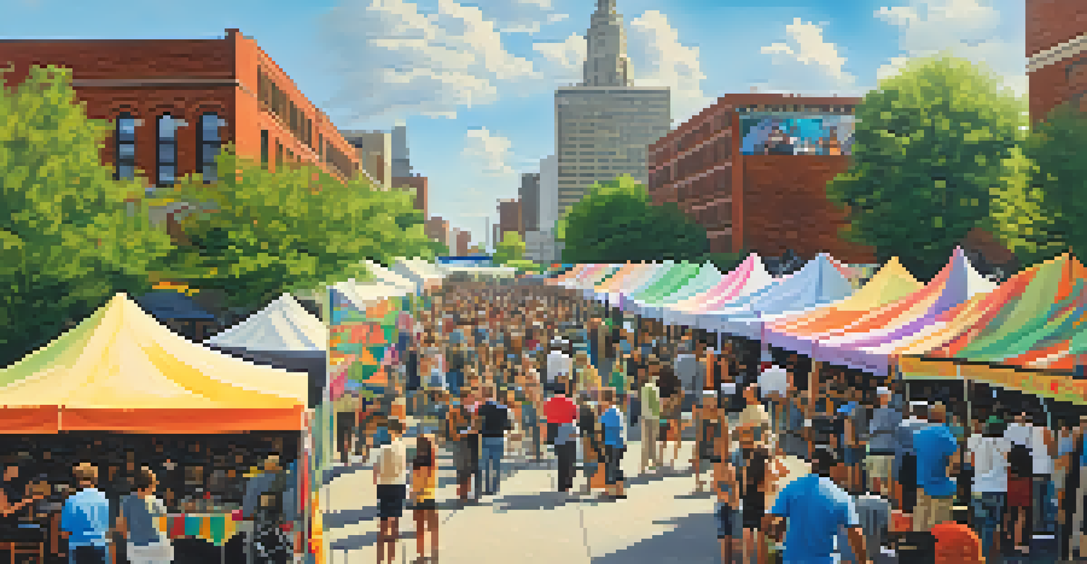 A lively outdoor art festival in Detroit with artists and diverse attendees enjoying the vibrant atmosphere.