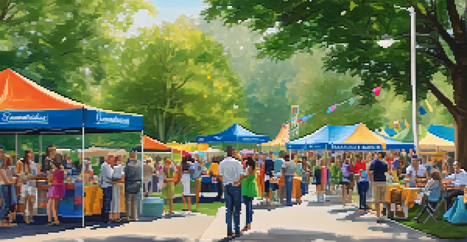A vibrant community event with small business booths and families enjoying the atmosphere in a park.