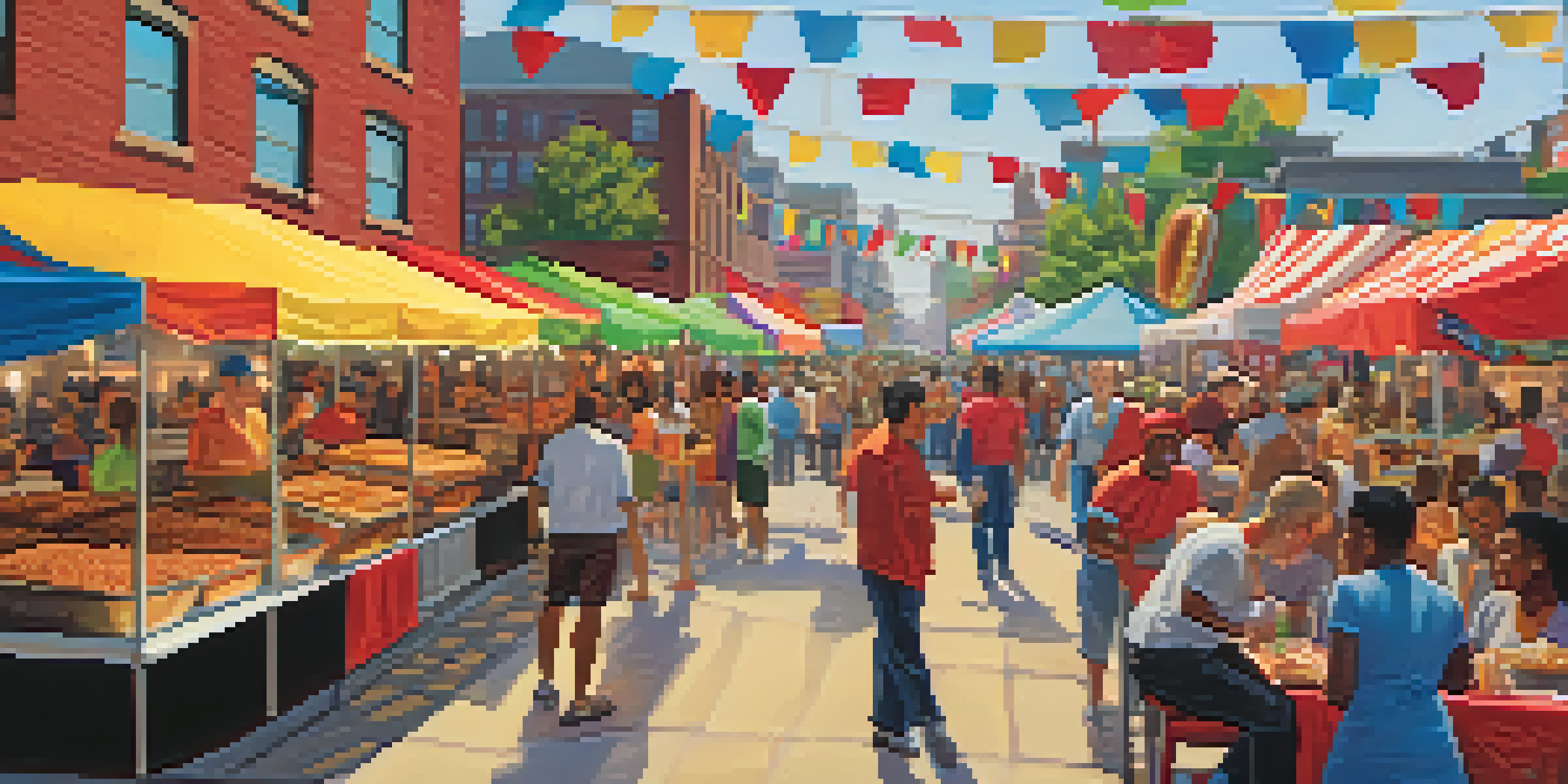 A bustling food festival in Detroit with colorful stalls and local chefs serving iconic dishes, surrounded by excited visitors enjoying the food.
