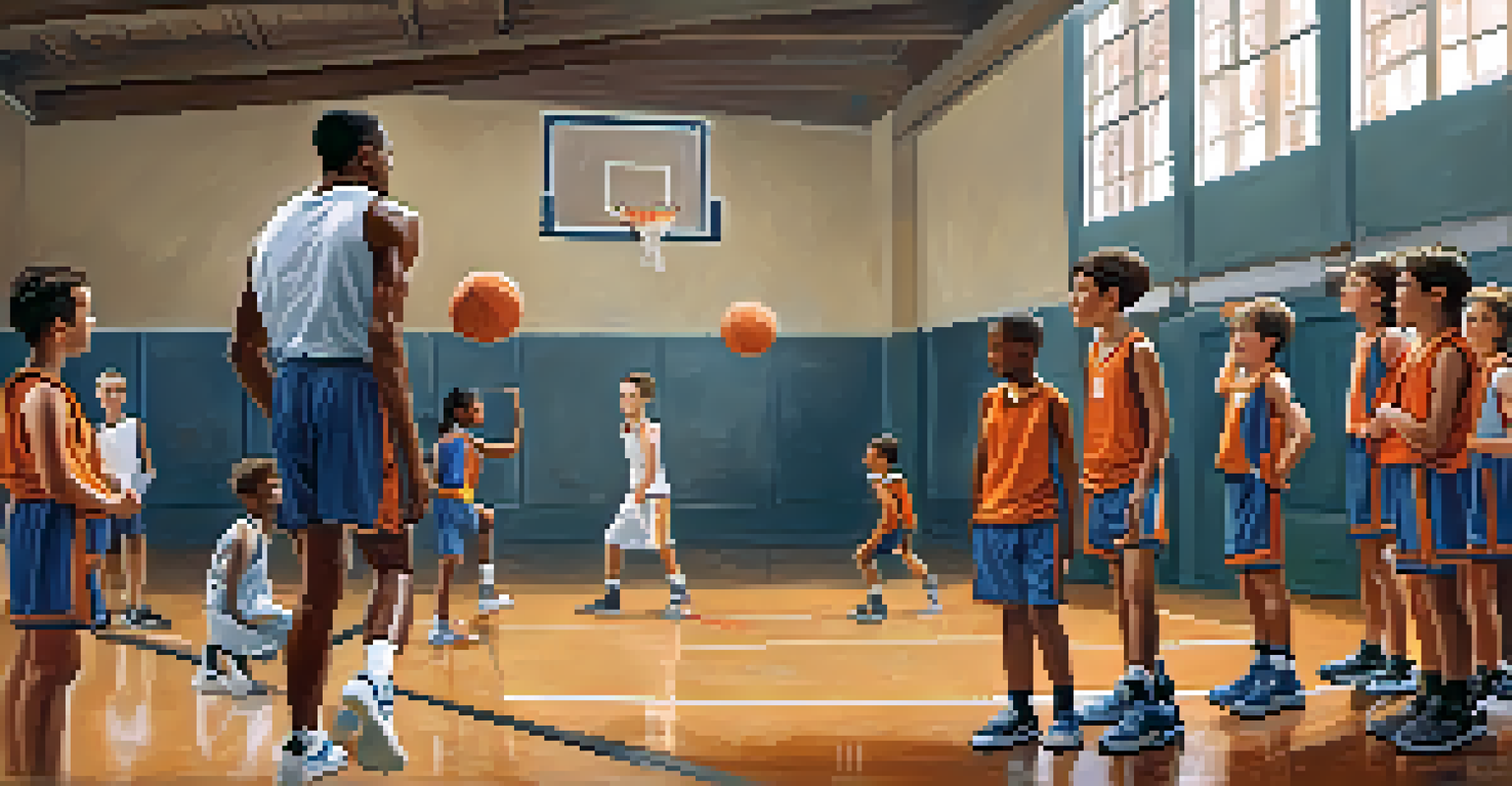 A coach teaching young athletes during basketball practice in a well-lit gym.