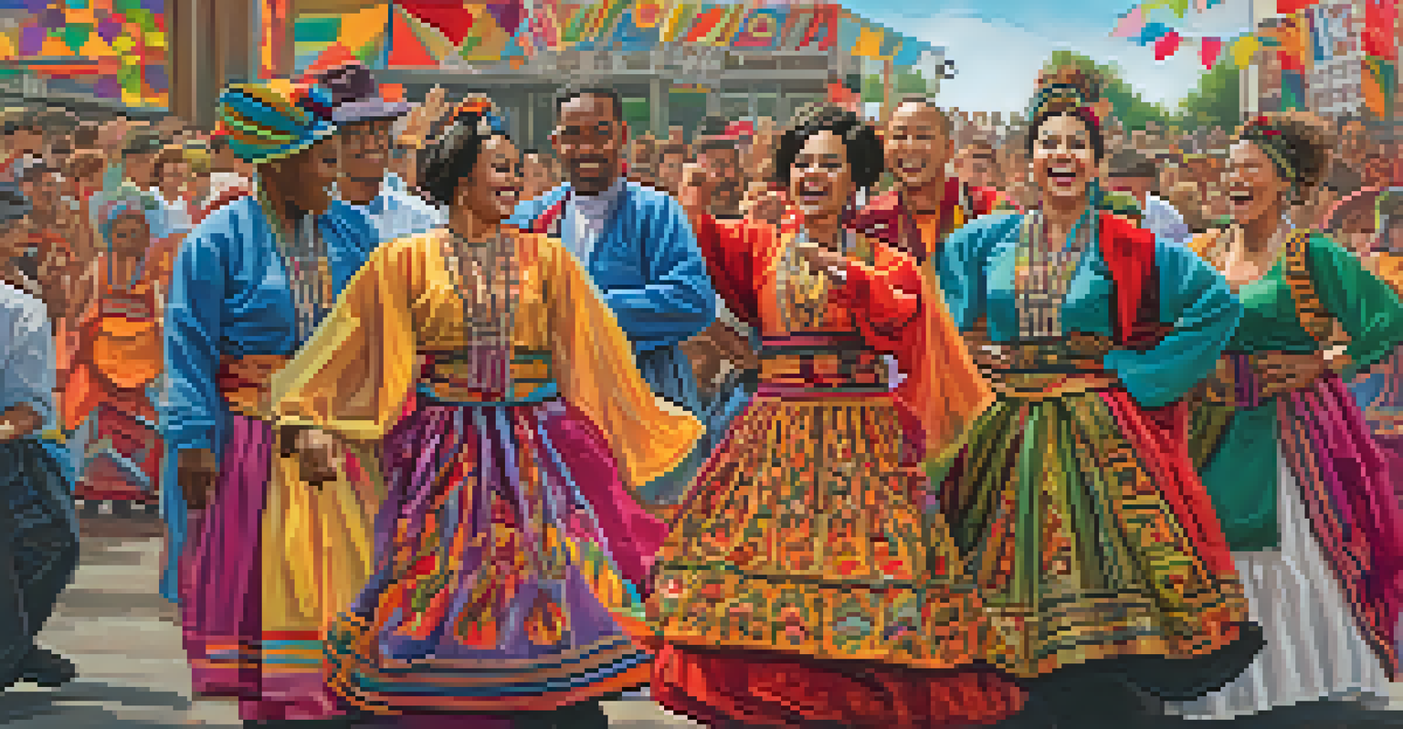Dancers performing in traditional costumes at the Detroit Arts & Crafts Festival, with a colorful stage and an enthusiastic audience.