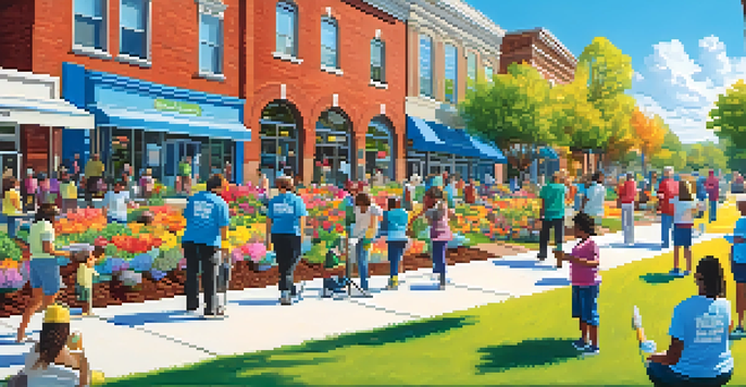 A lively park scene with volunteers of different ages participating in various community activities, including planting and painting.