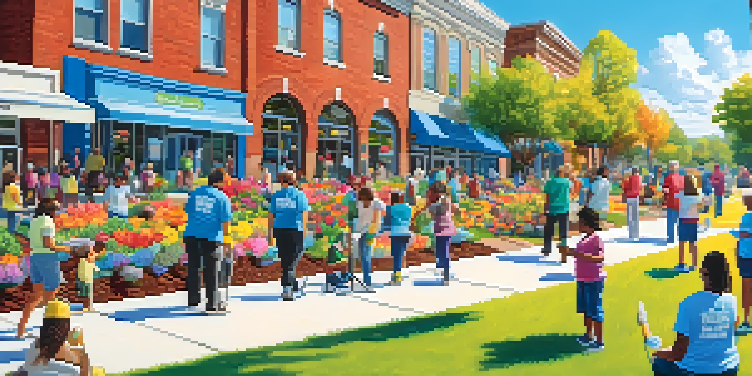 A lively park scene with volunteers of different ages participating in various community activities, including planting and painting.