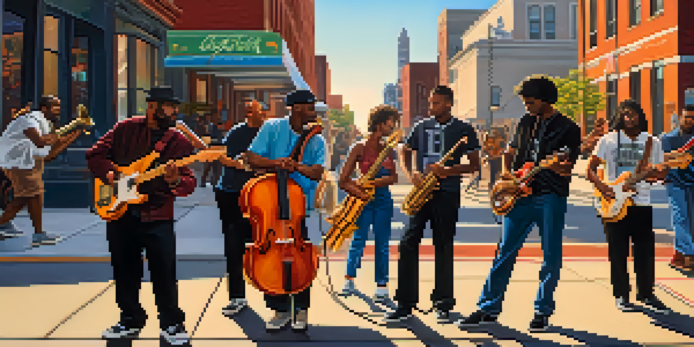 A lively street performance by diverse musicians in Detroit, surrounded by colorful murals and iconic architecture, during the golden hour.